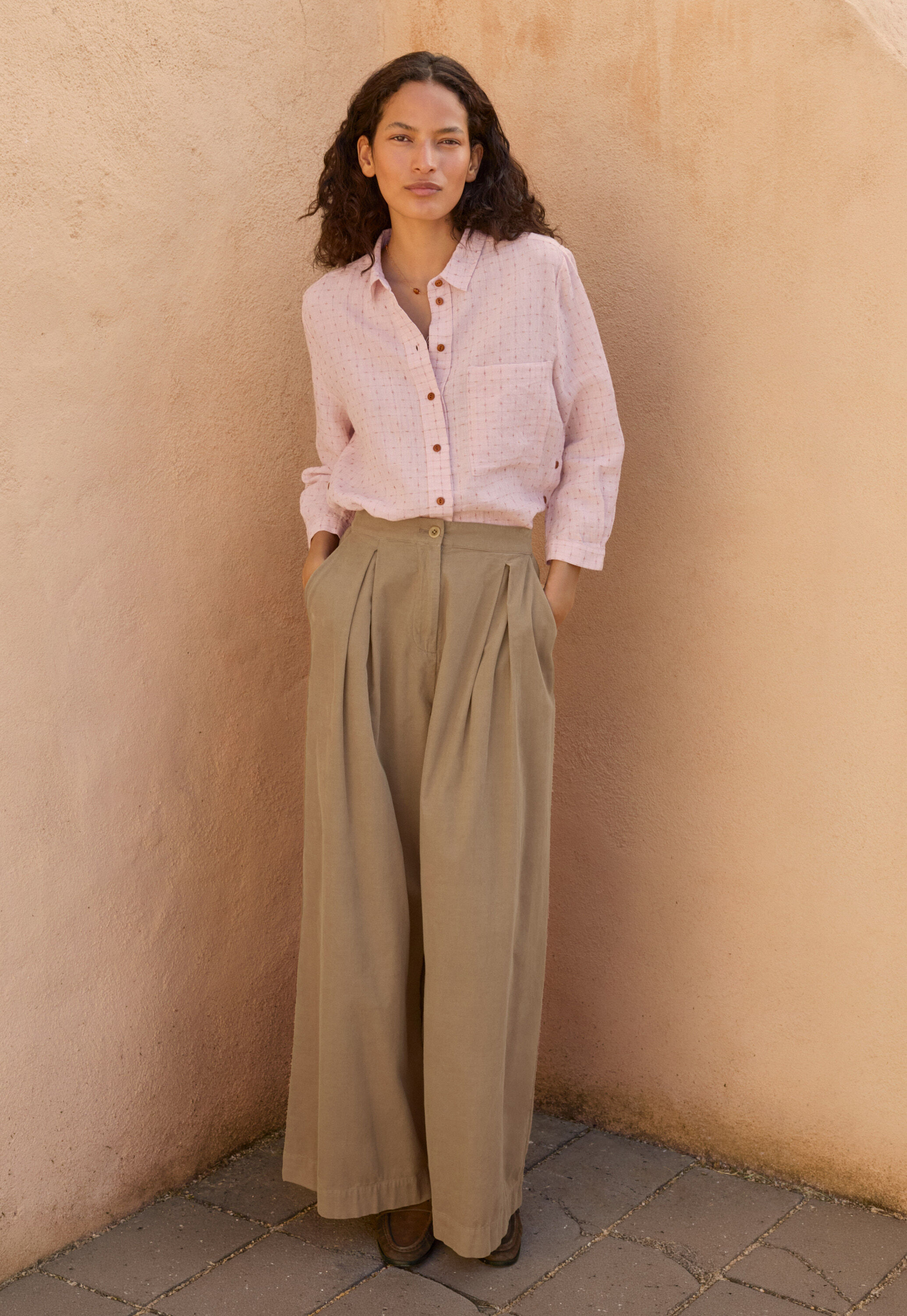 Fine cord wide-leg trousers, Soft brown, large