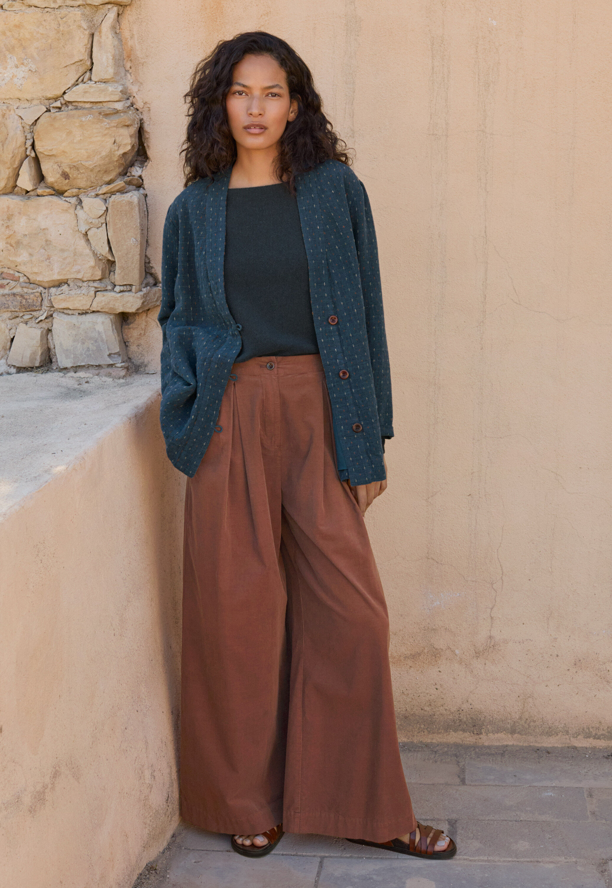 Fine cord wide-leg trousers, Dark blush, large
