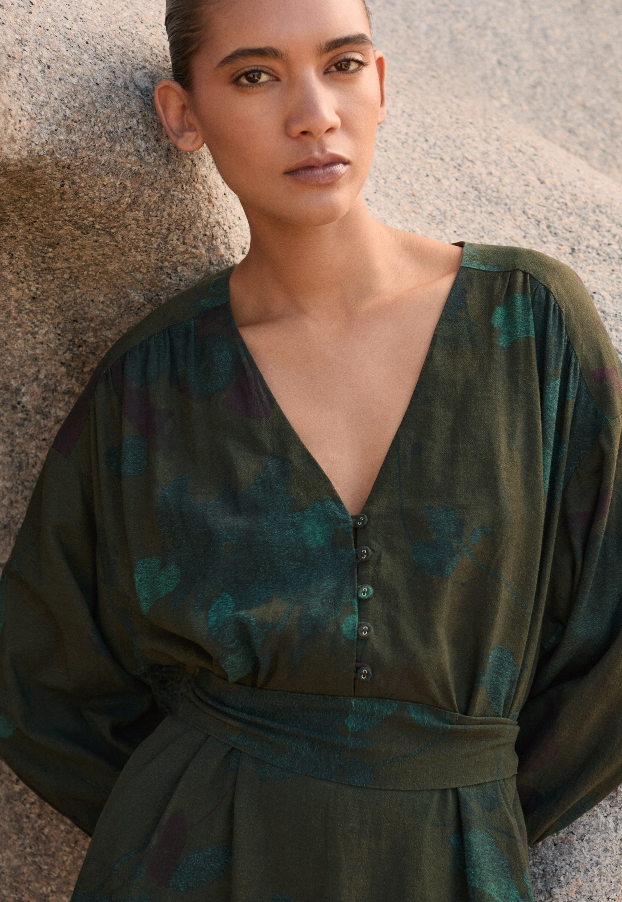 Long printed dress, Brown teal, large