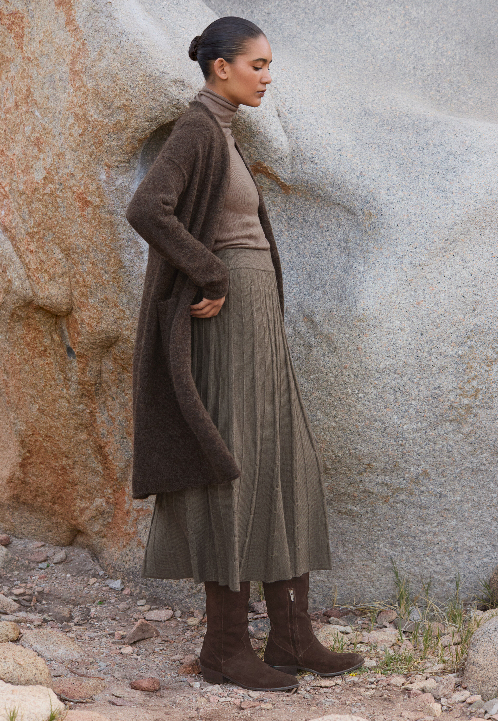 Tuck-stitch merino skirt, Taupe, large