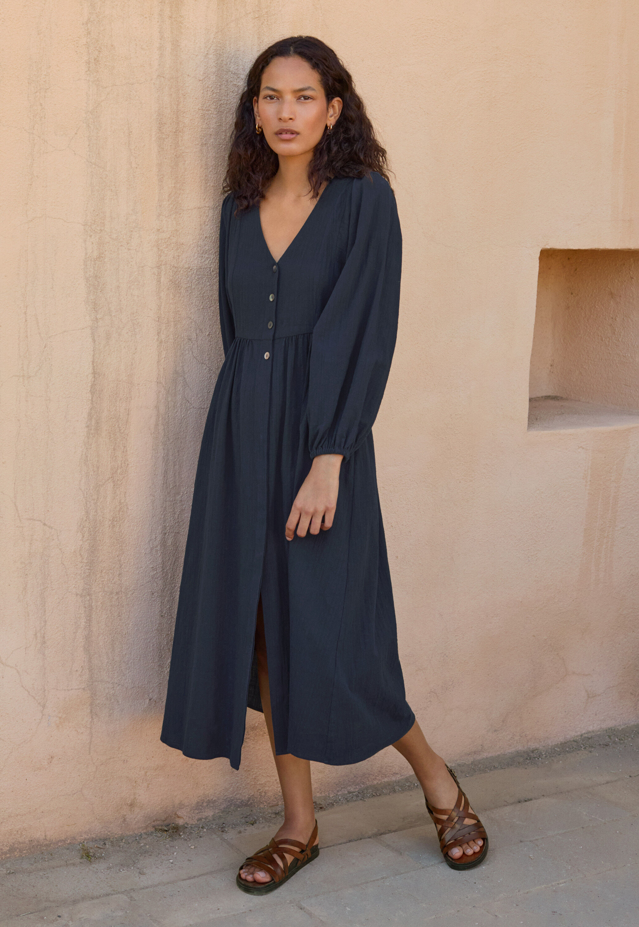 Gathered sleeve dress, Midnight, large