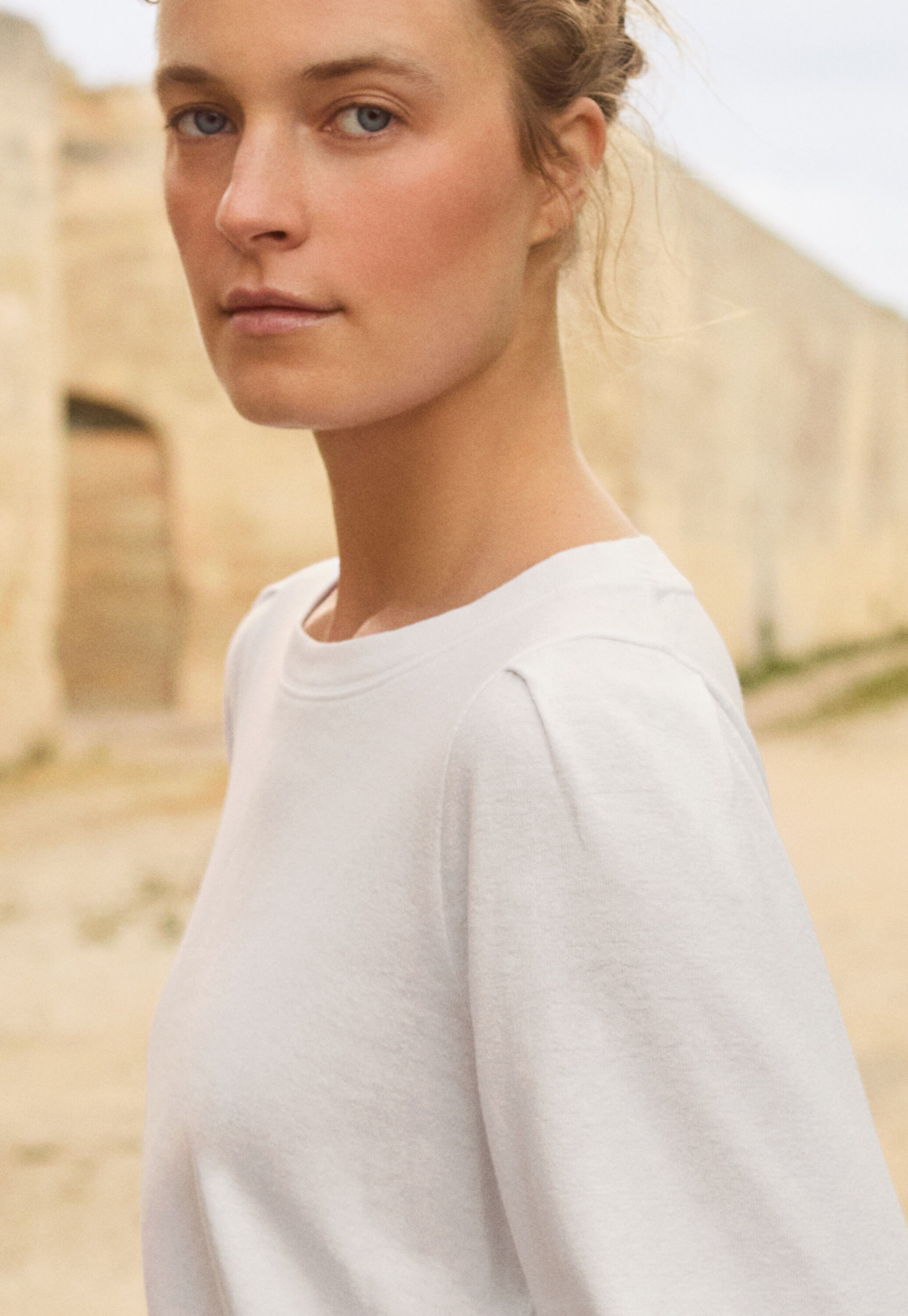 Pleated-sleeve jersey top