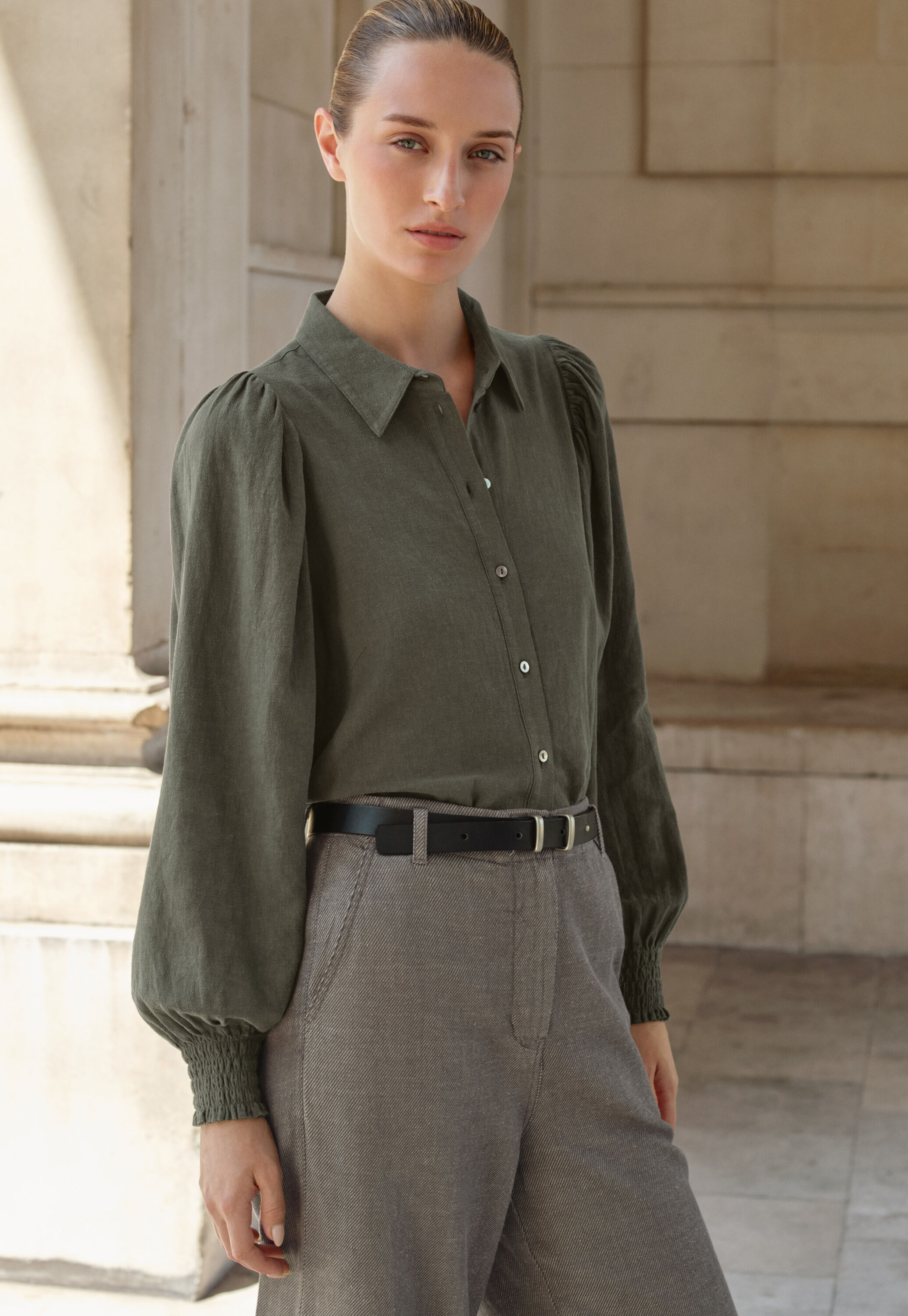 Gathered sleeve shirt, Dark khaki, large
