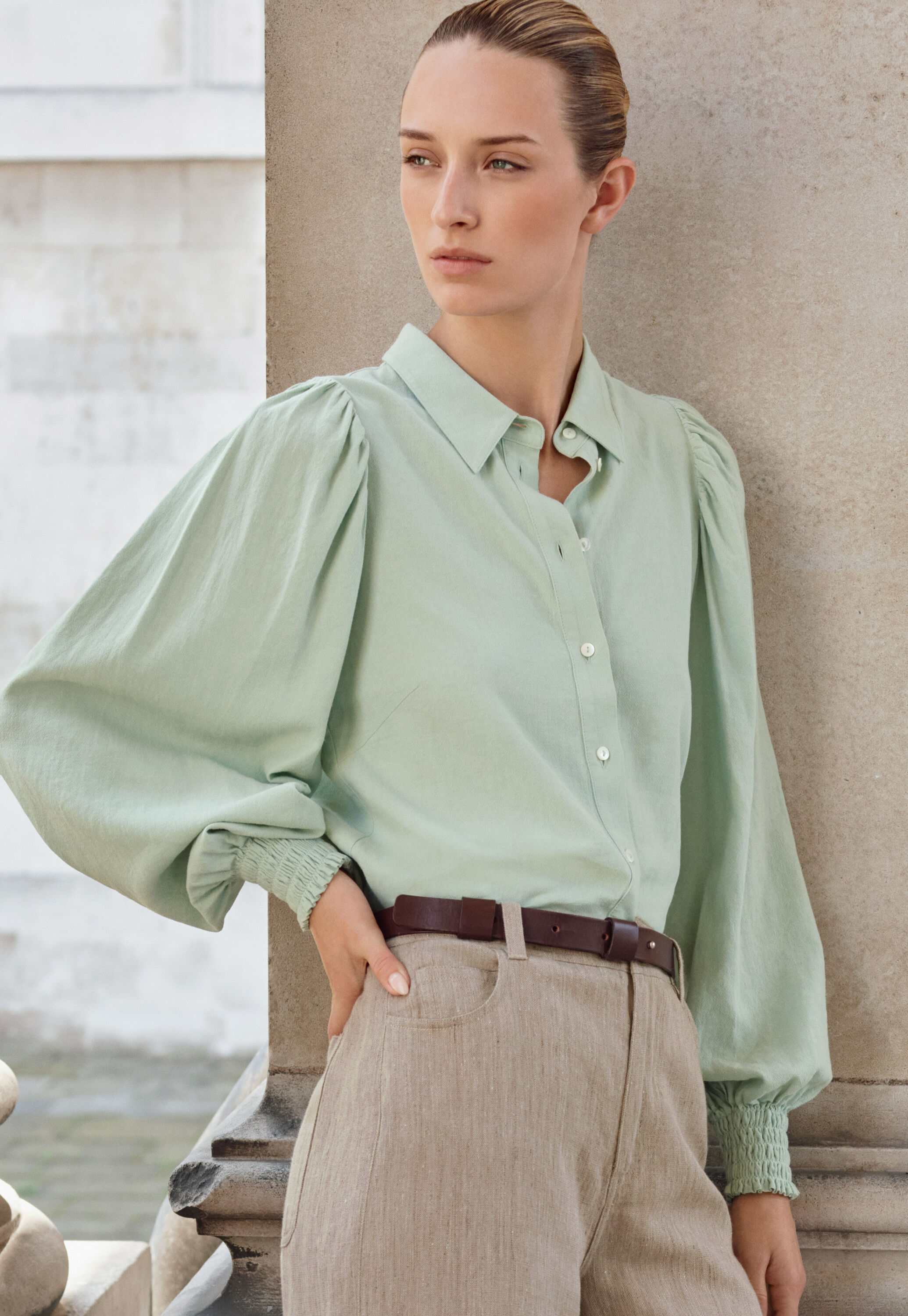 Gathered sleeve shirt, Aqua mint, large