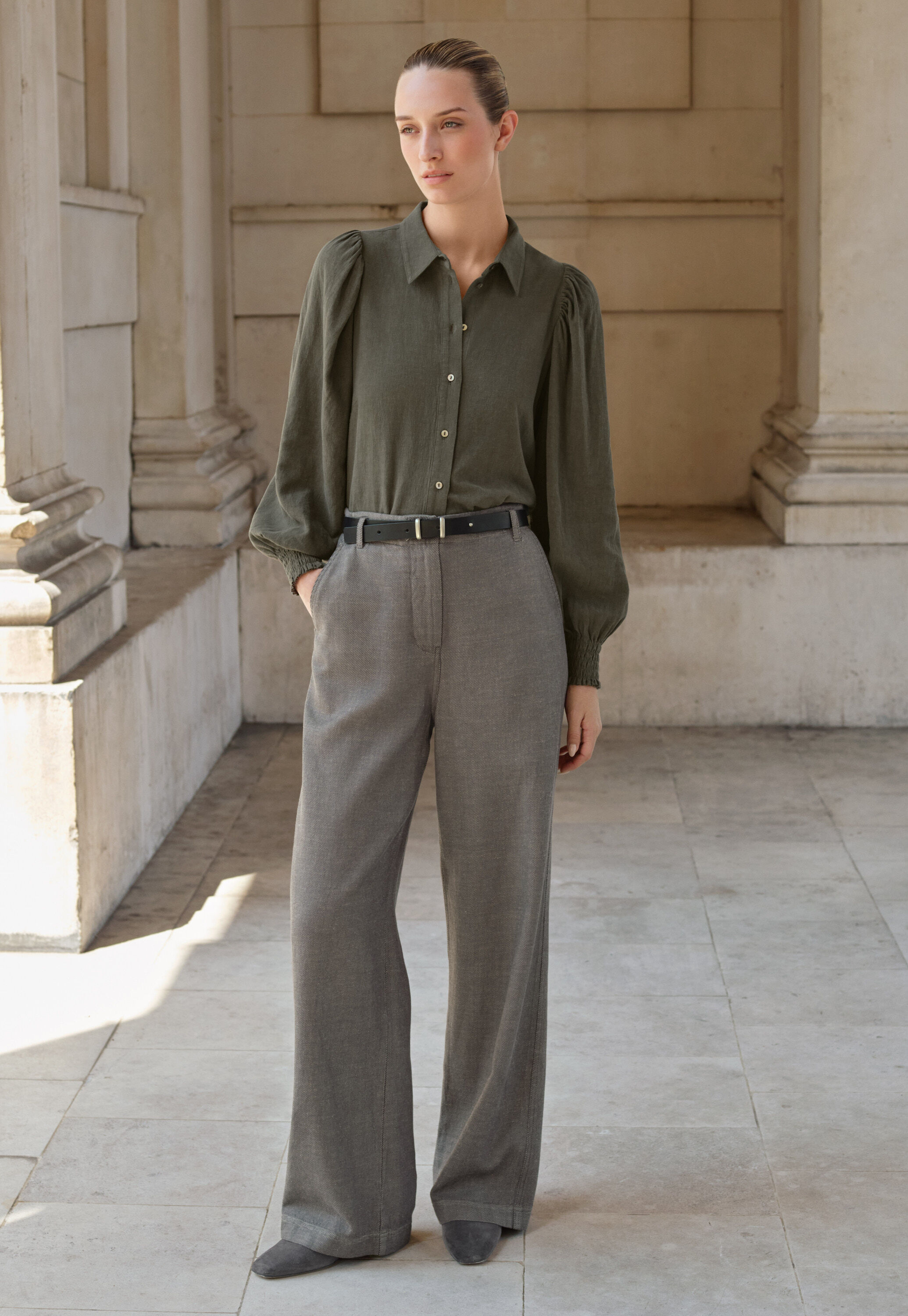 Gathered sleeve shirt, Dark khaki, large