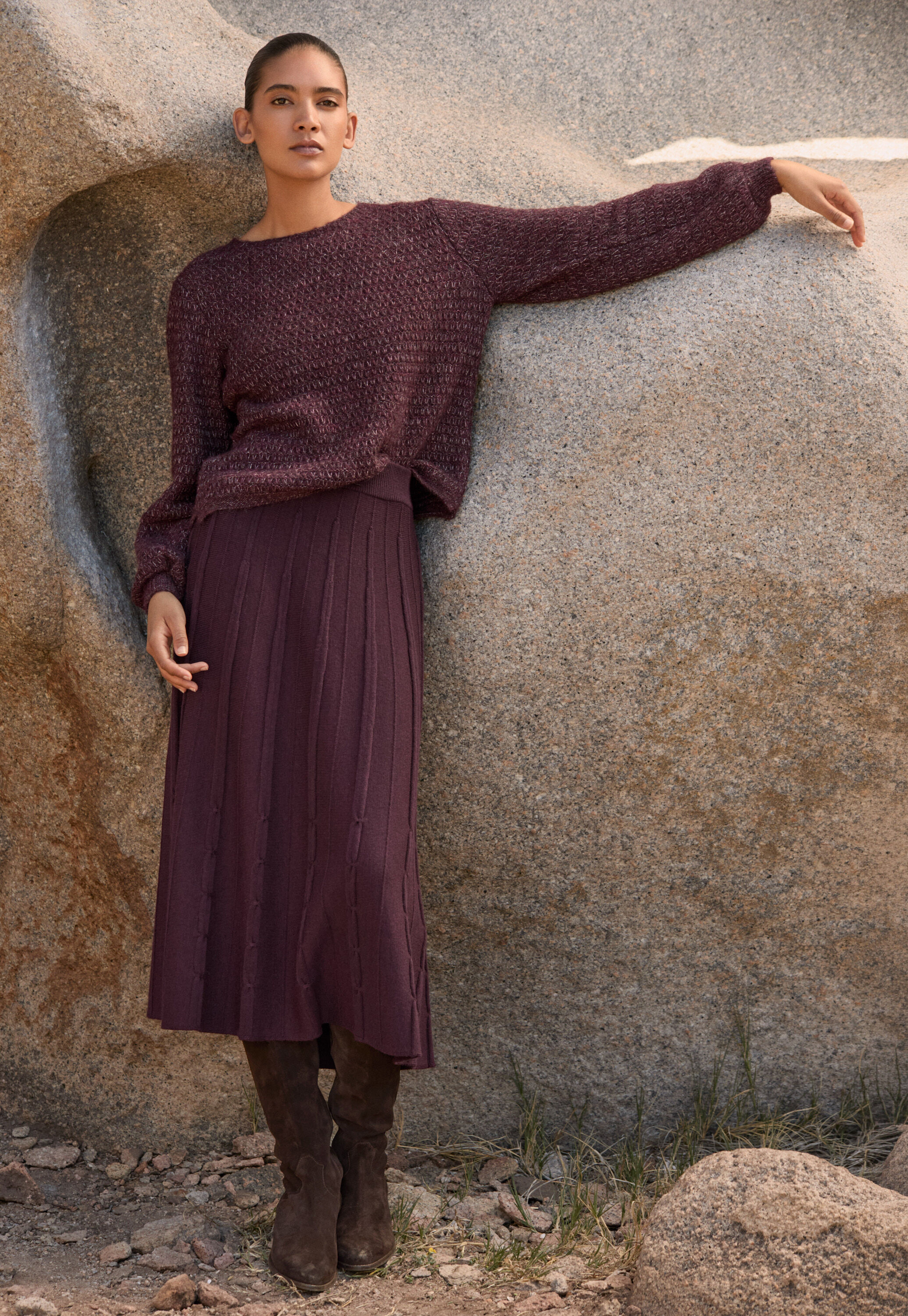 Tuck-stitch merino skirt, Aubergine, large