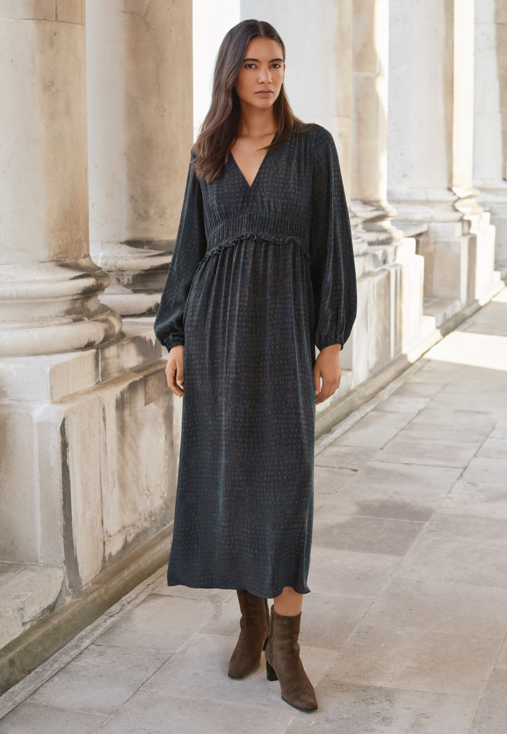 Pleated waist dress, Teal brown, large