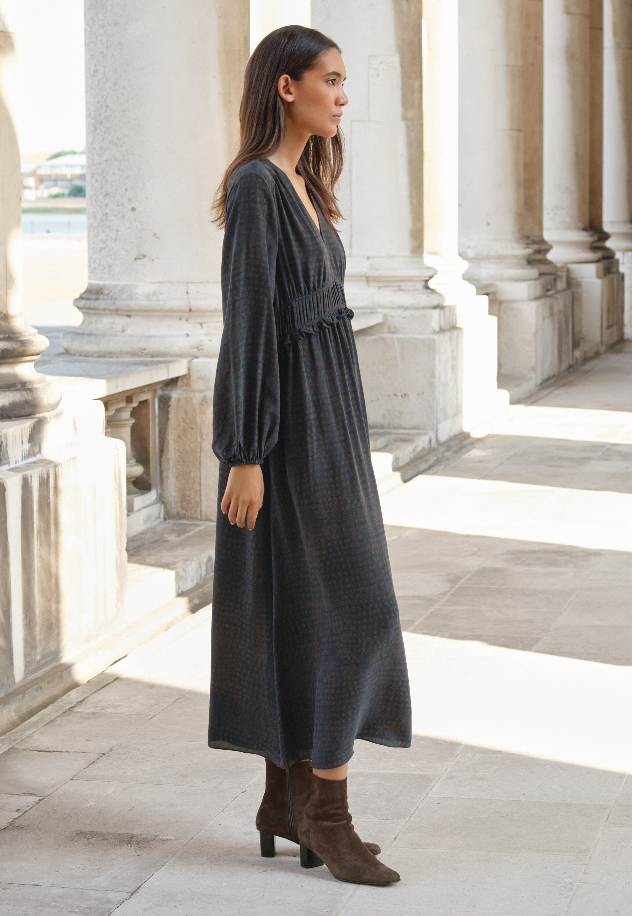 Pleated waist dress, Teal brown, large