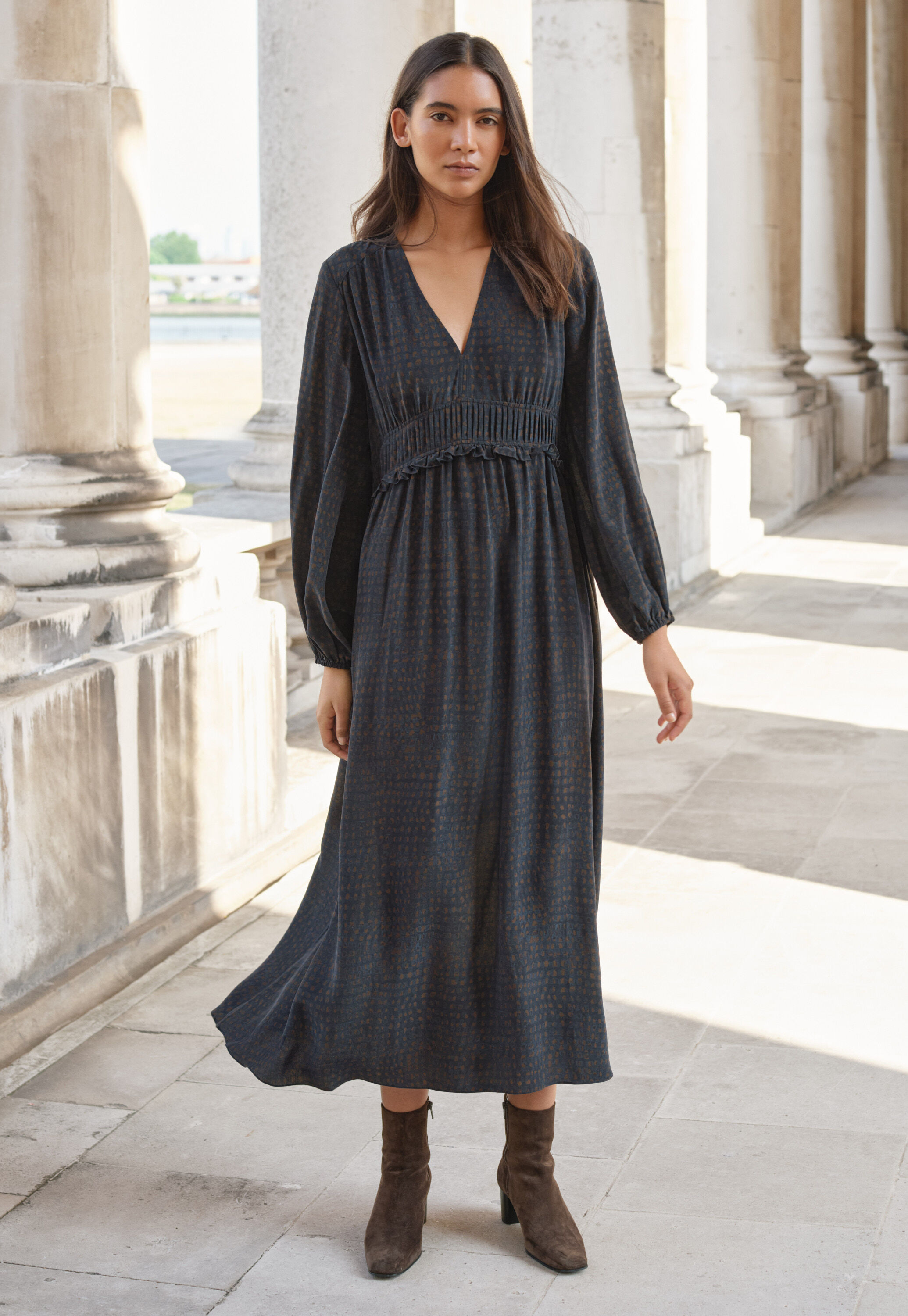 Pleated waist dress, Teal brown, large