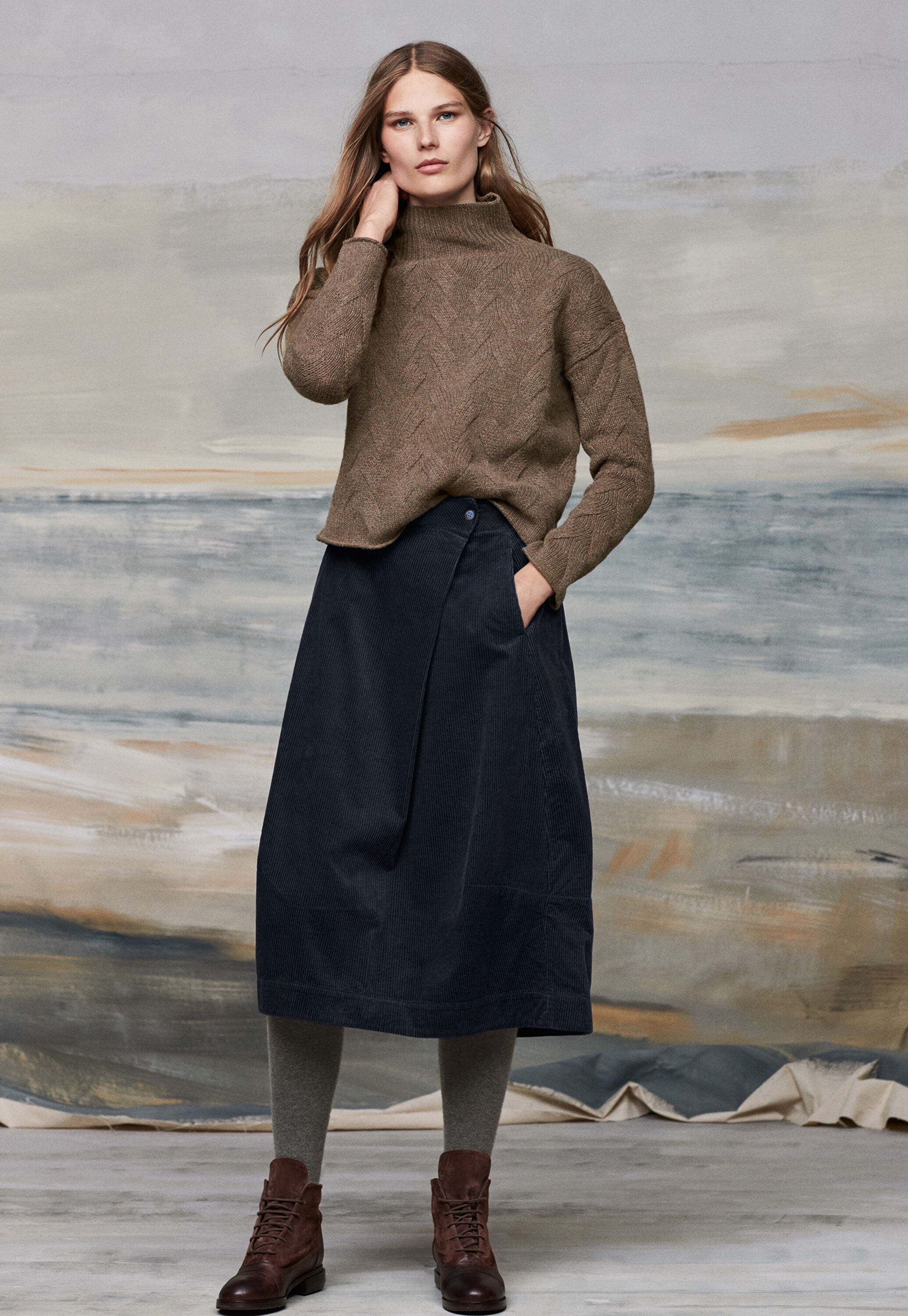 Pleat front chunky cord skirt