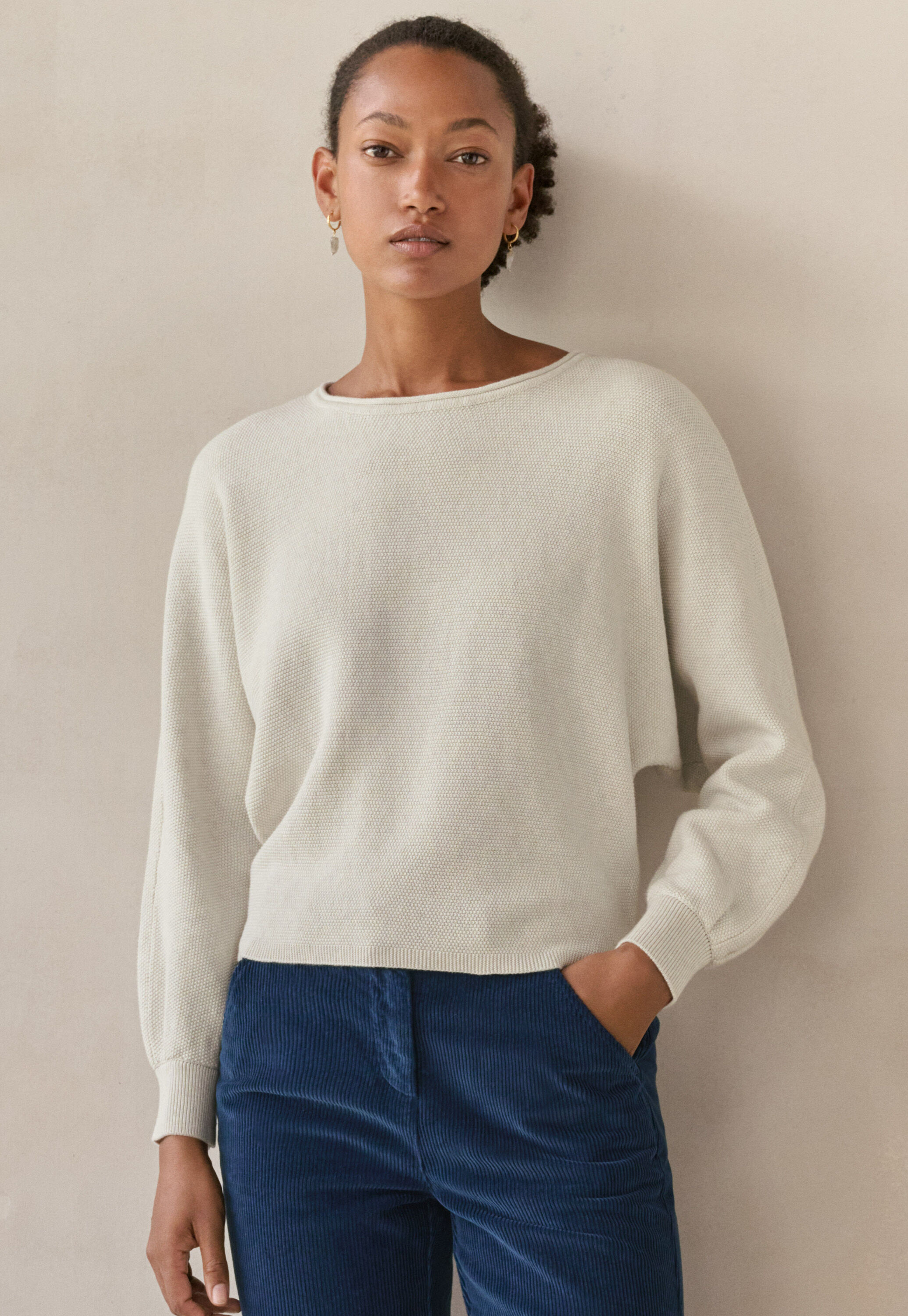 Moss-stitch sweater, Grey cream, large