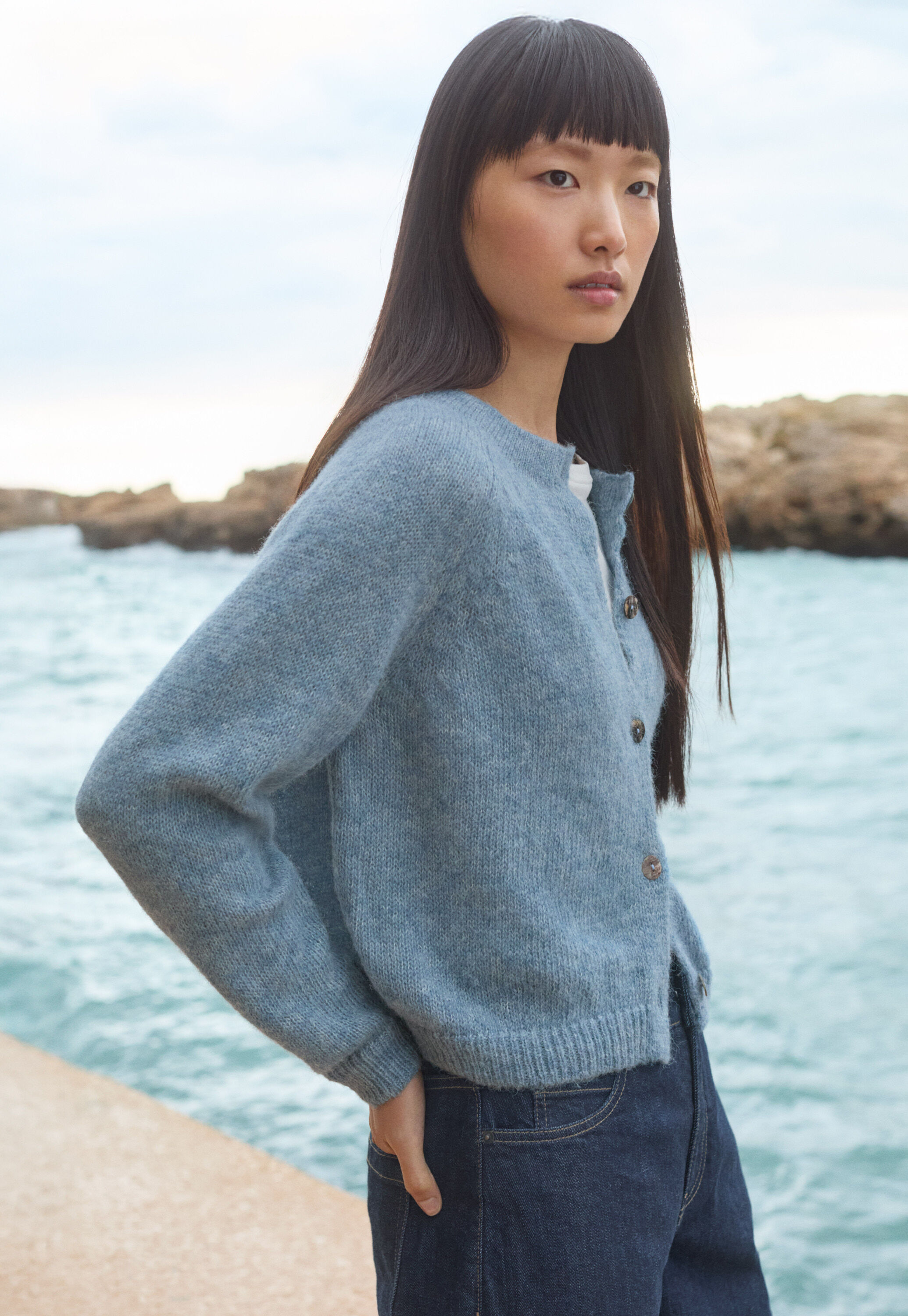 Raglan-sleeve cardigan, Denim blue, large