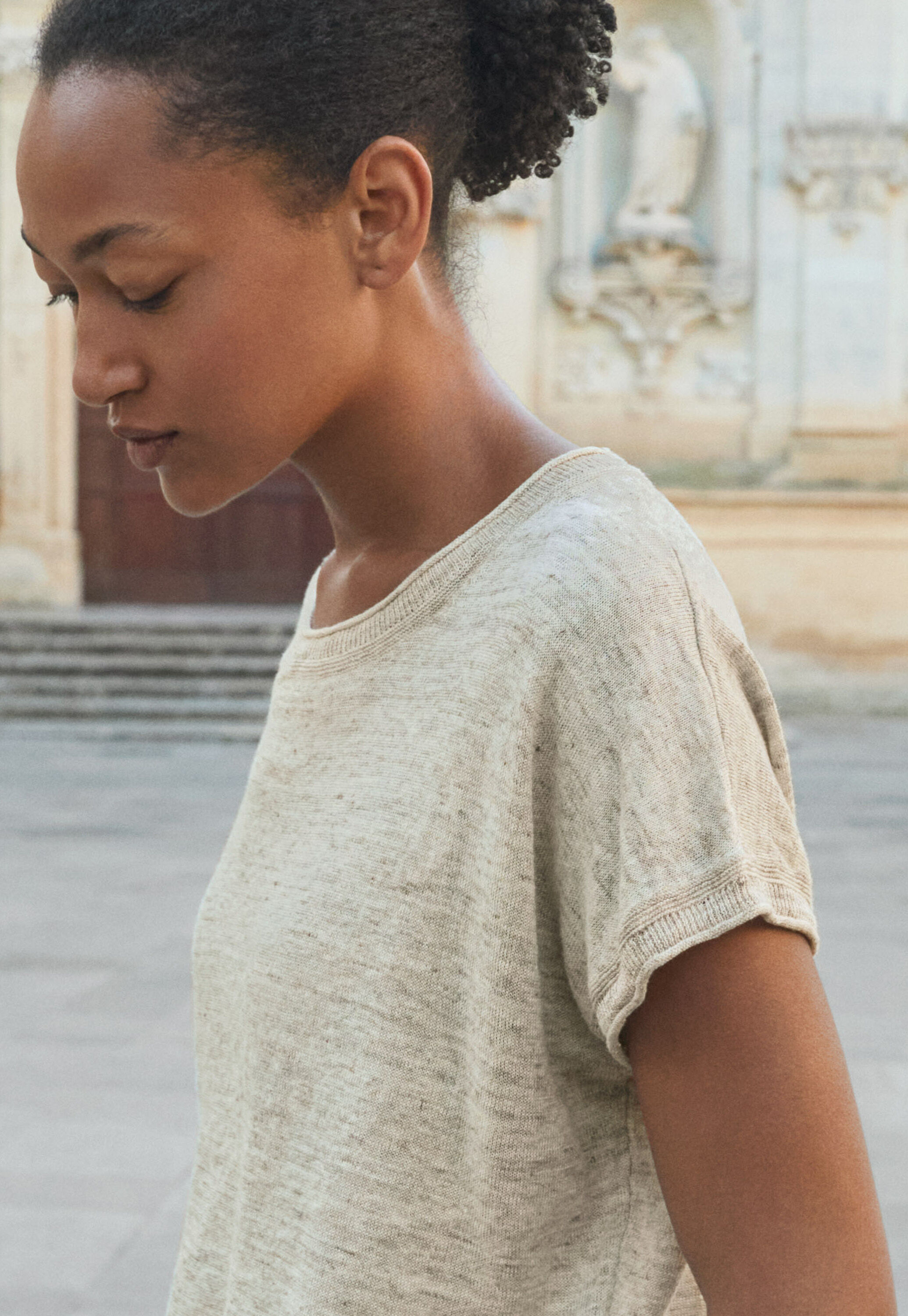 Short-sleeve sweater, M&eacute;lange natural, large