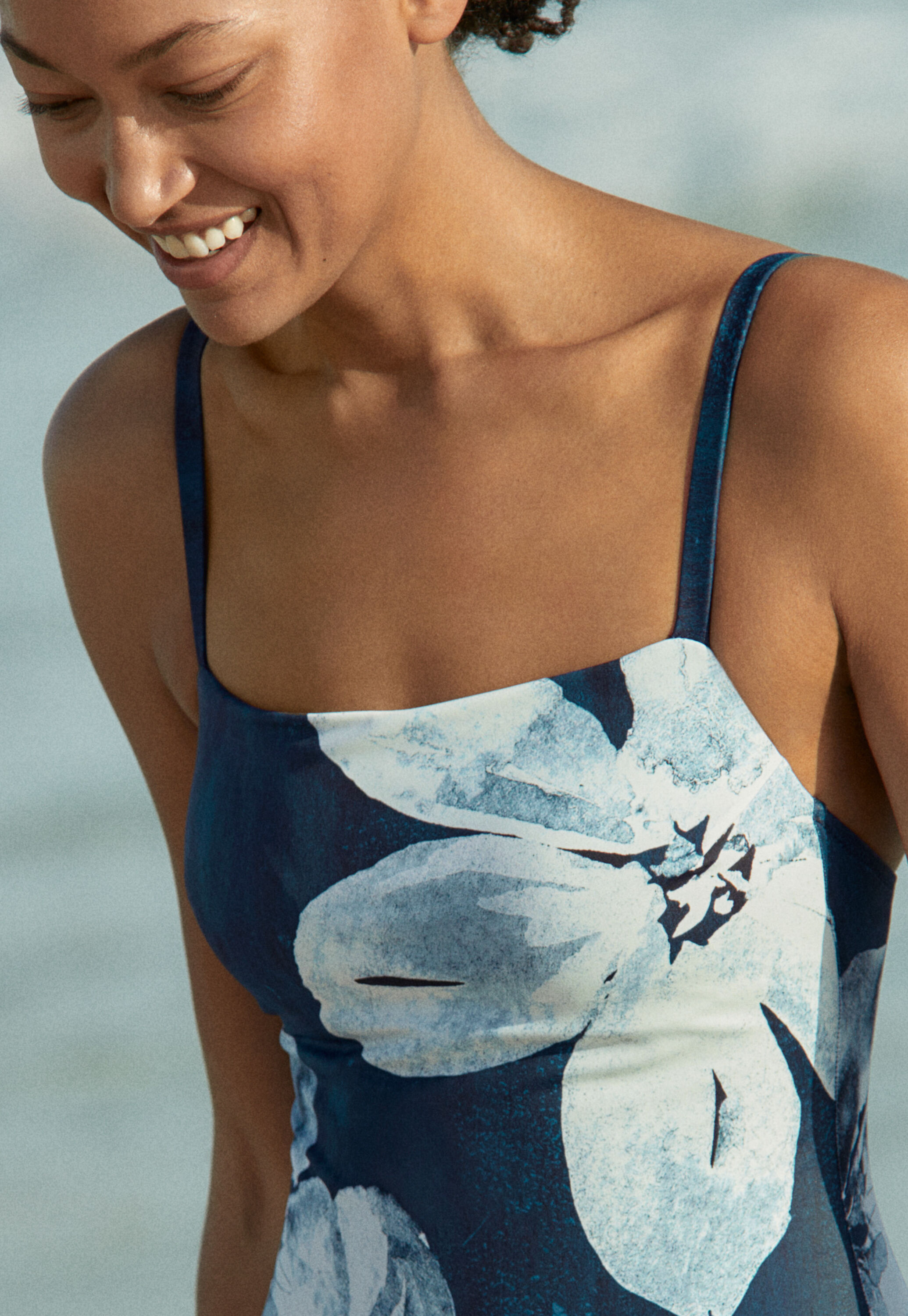 Printed square-neck swimsuit, Petrol ice, large