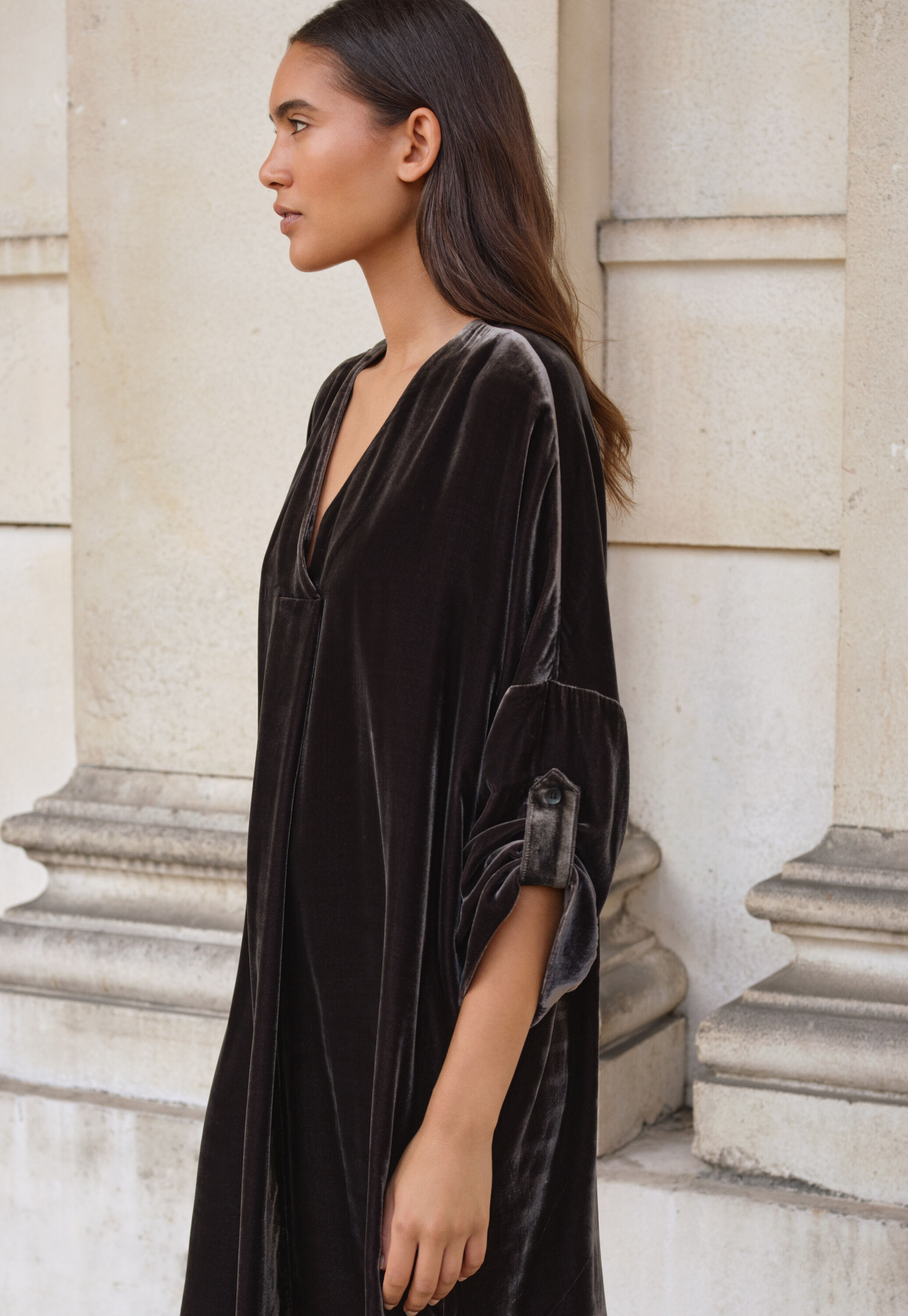Velvet v-neck dress, Dark mulberry, large