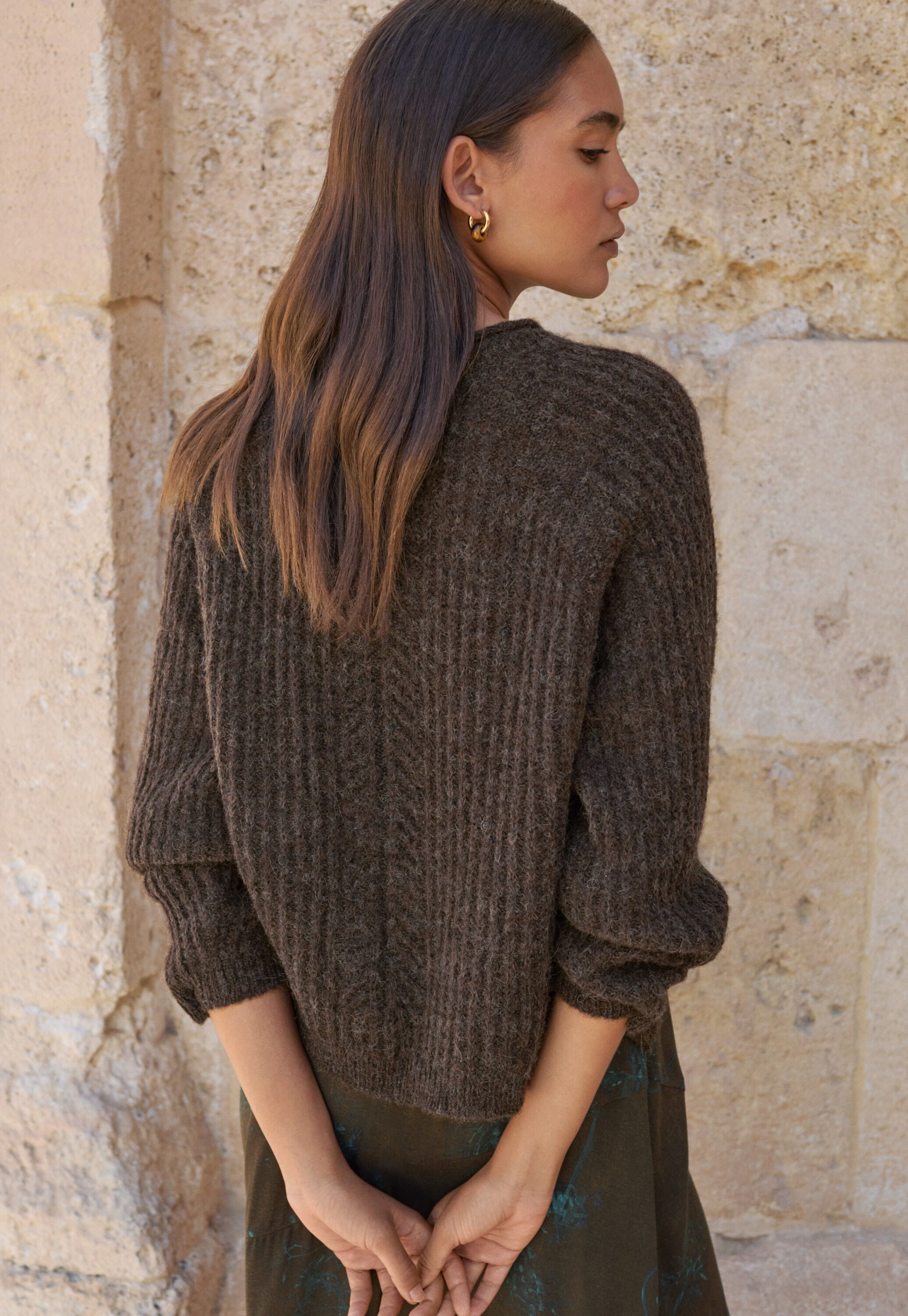 Round-neck ribbed sweater, Dark brown, large