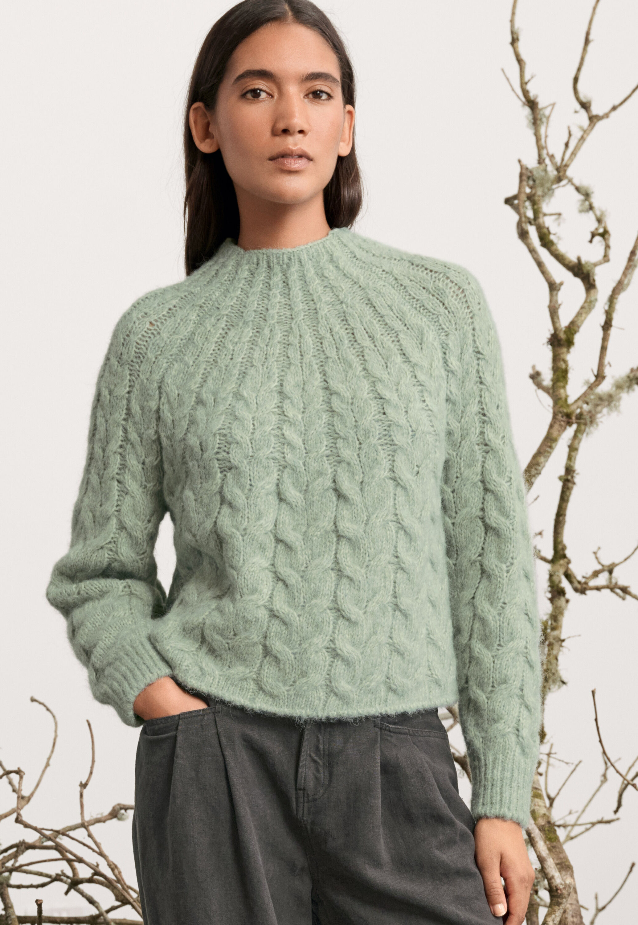 Cable-stitch sweater, Pale thyme, large