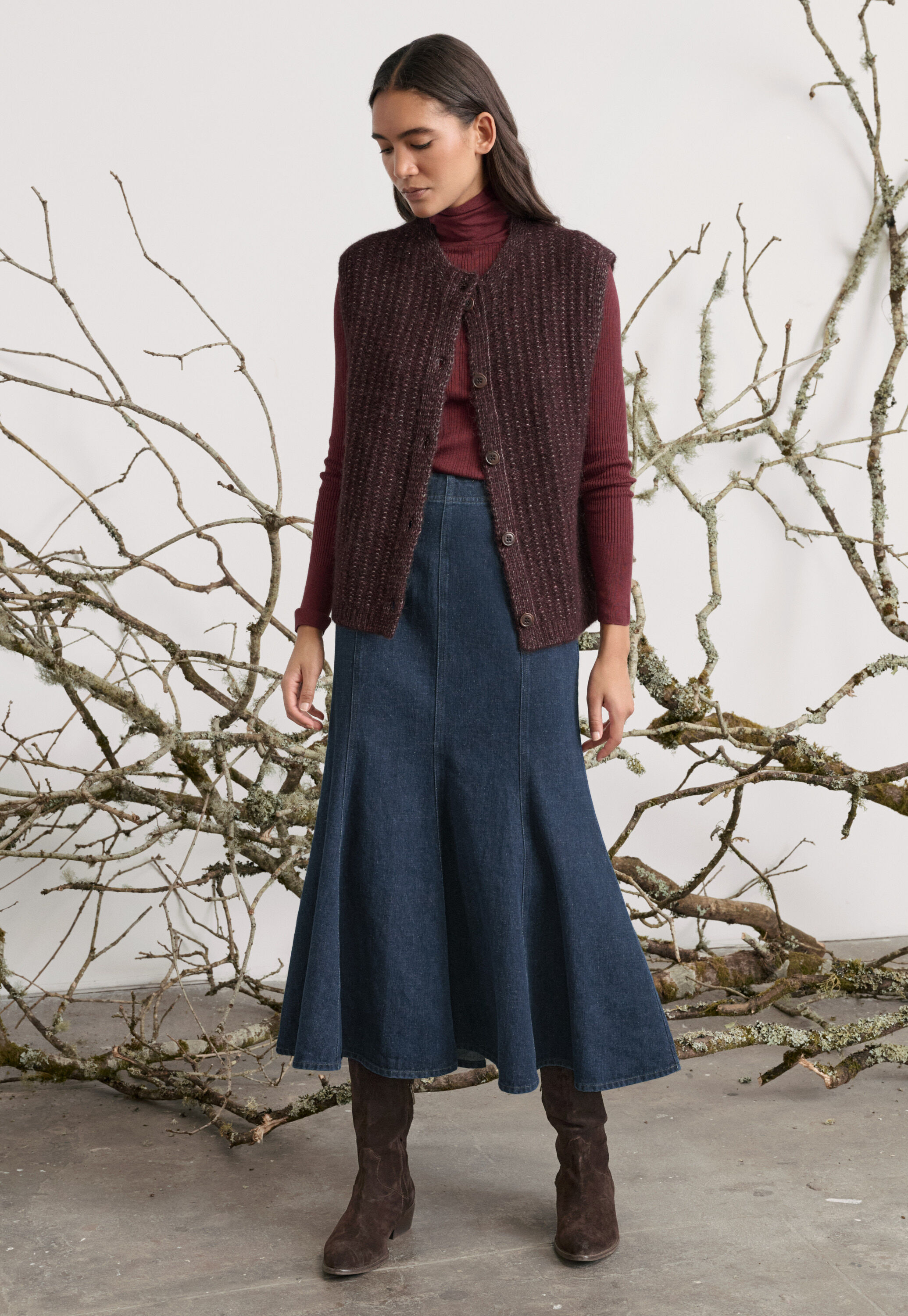 Sleeveless cardigan, Maroon brown, large