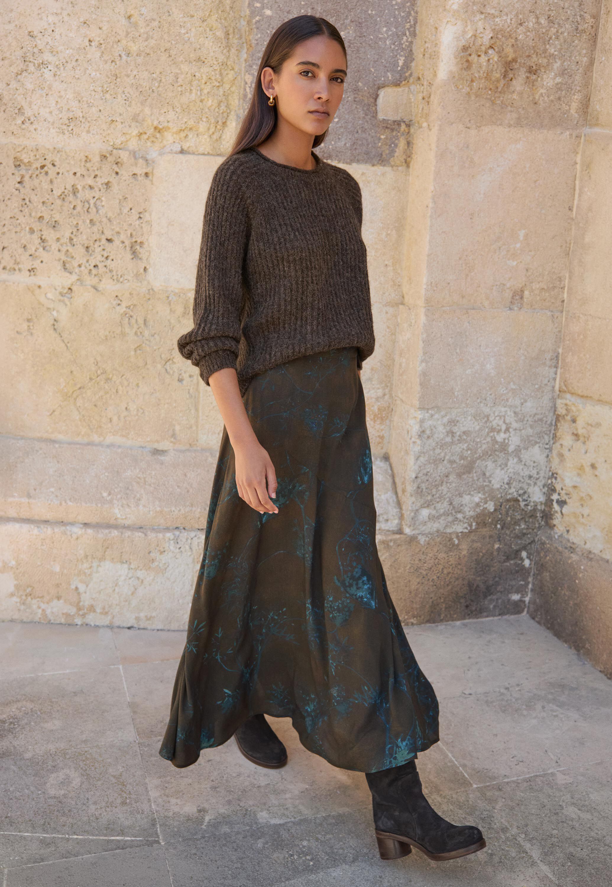 Printed long flared skirt