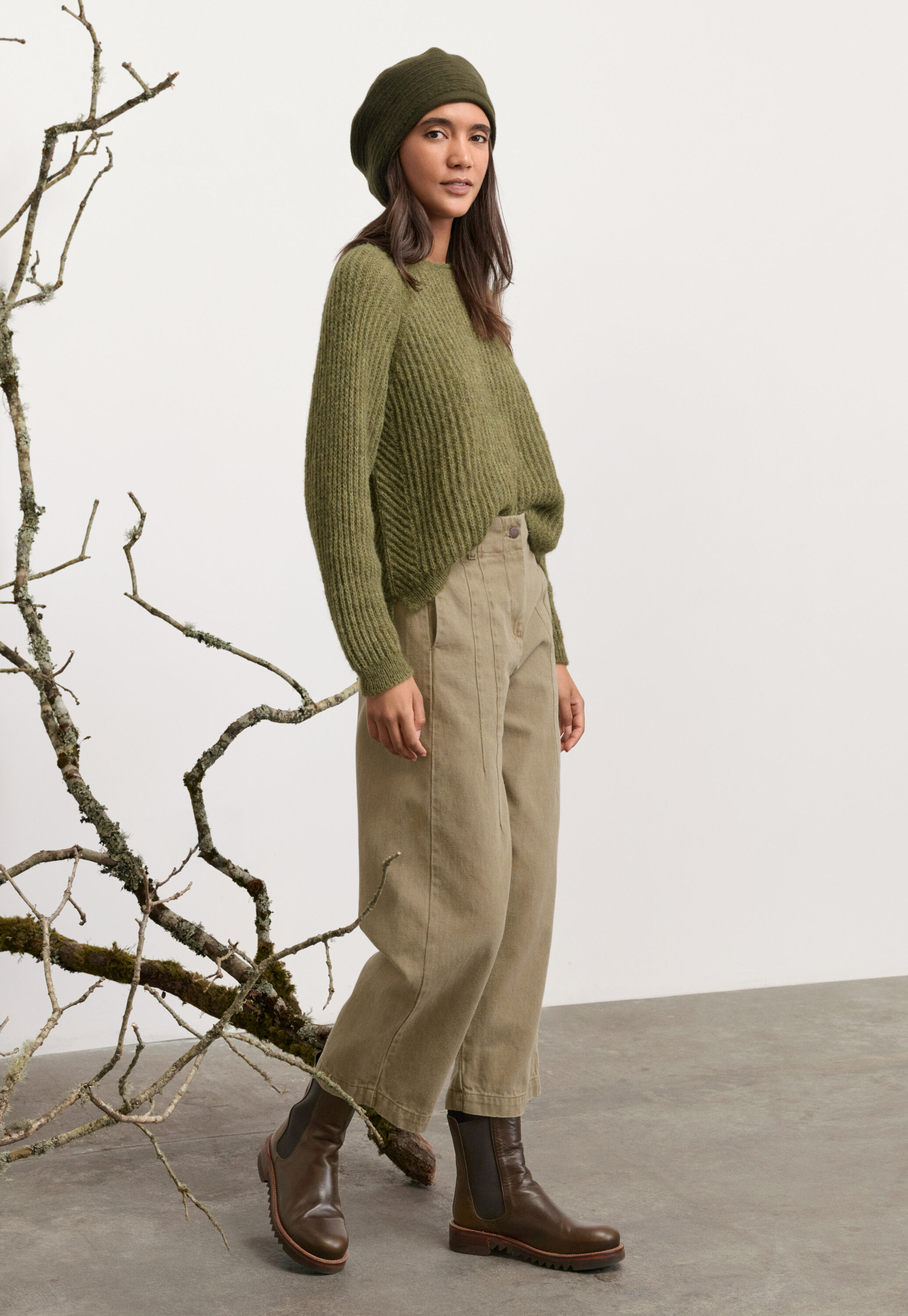 Round-neck ribbed sweater, Olive green, large