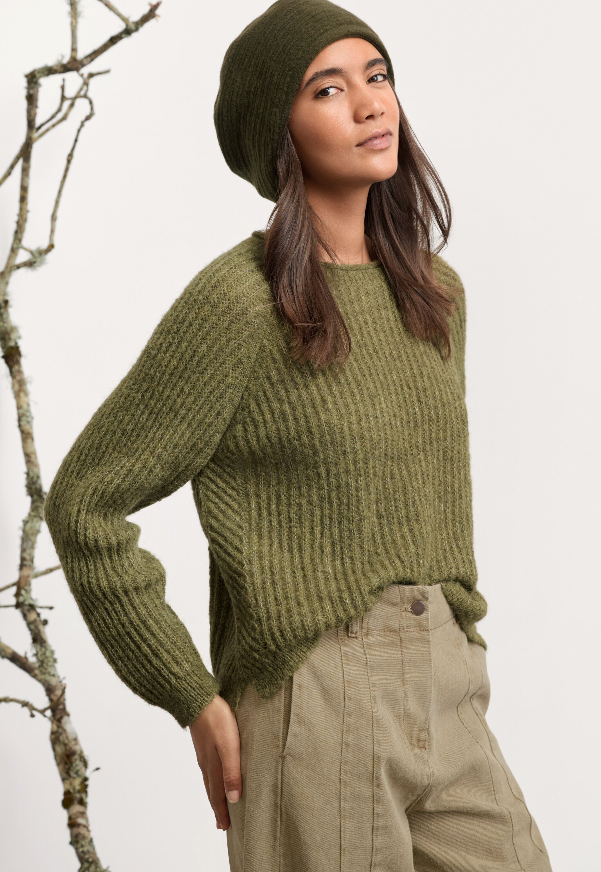 Round-neck ribbed sweater, Olive green, large