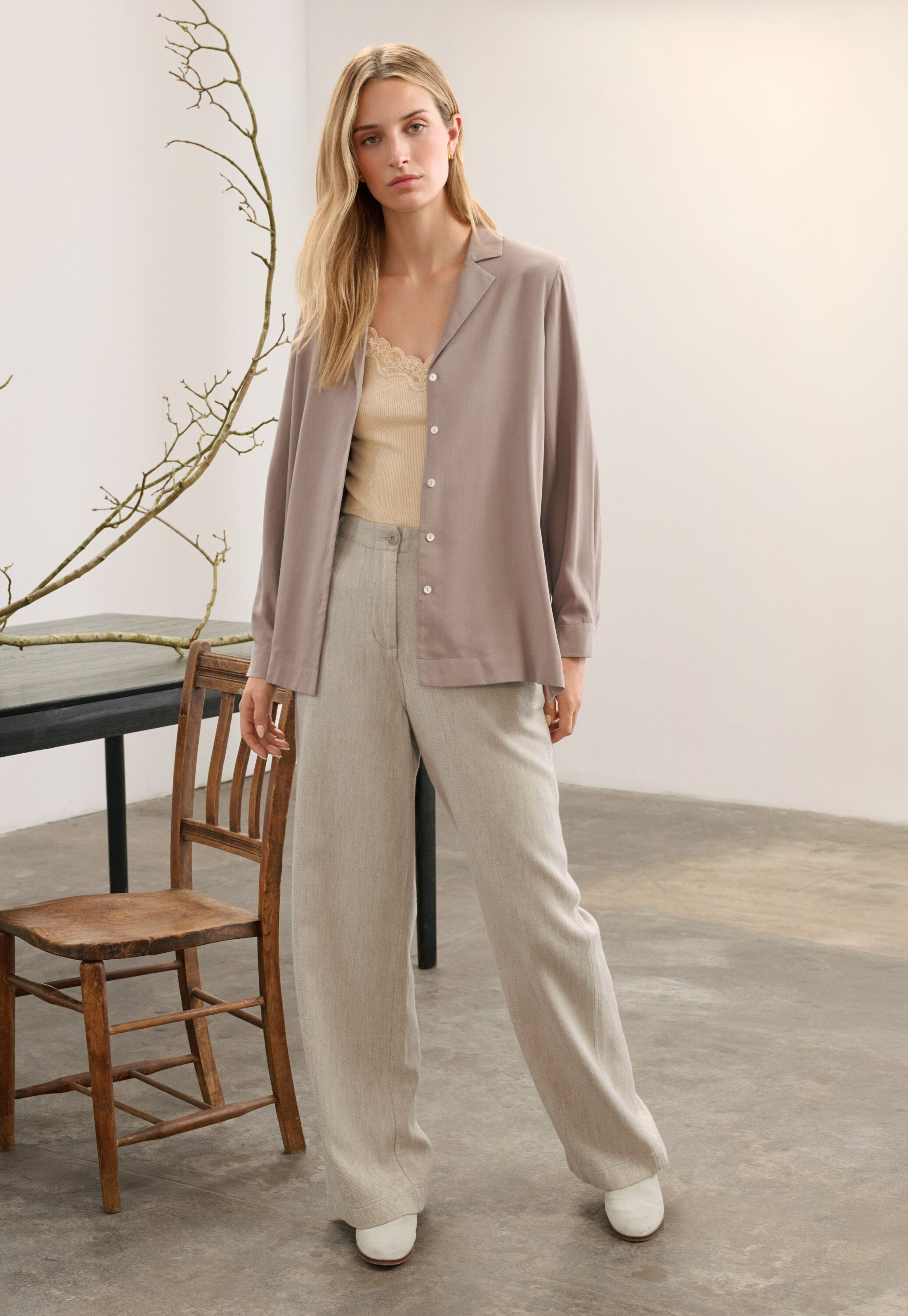 Revere-style collar shirt, Mink taupe, large